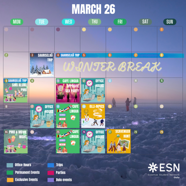 ESN Oulu March 2026 event calendar